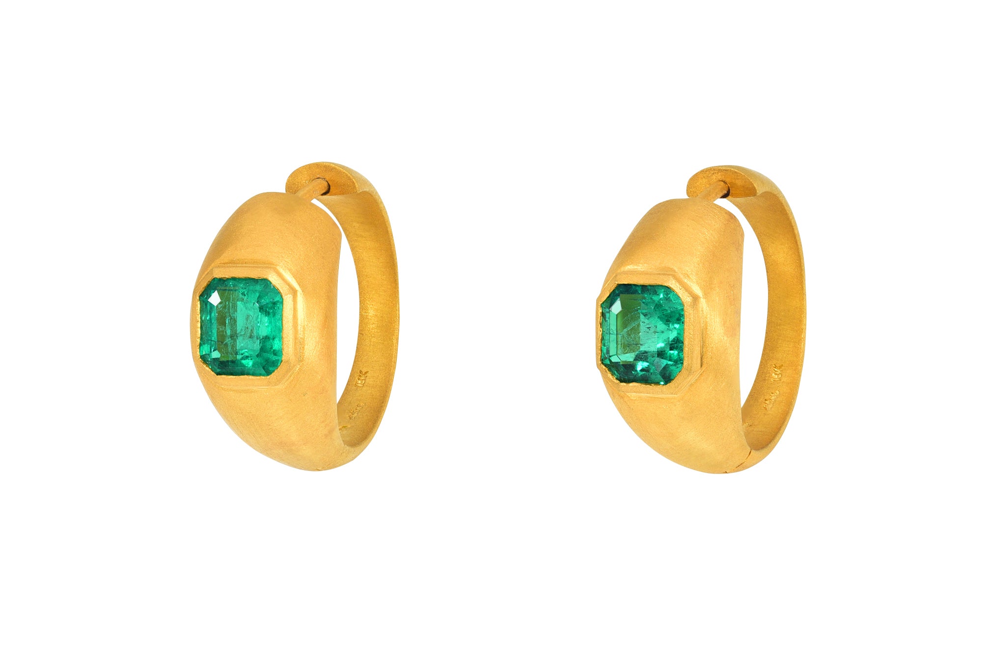Darius Jewels one of a kind emerald ring hoops Colombian Fairmined yellow gold