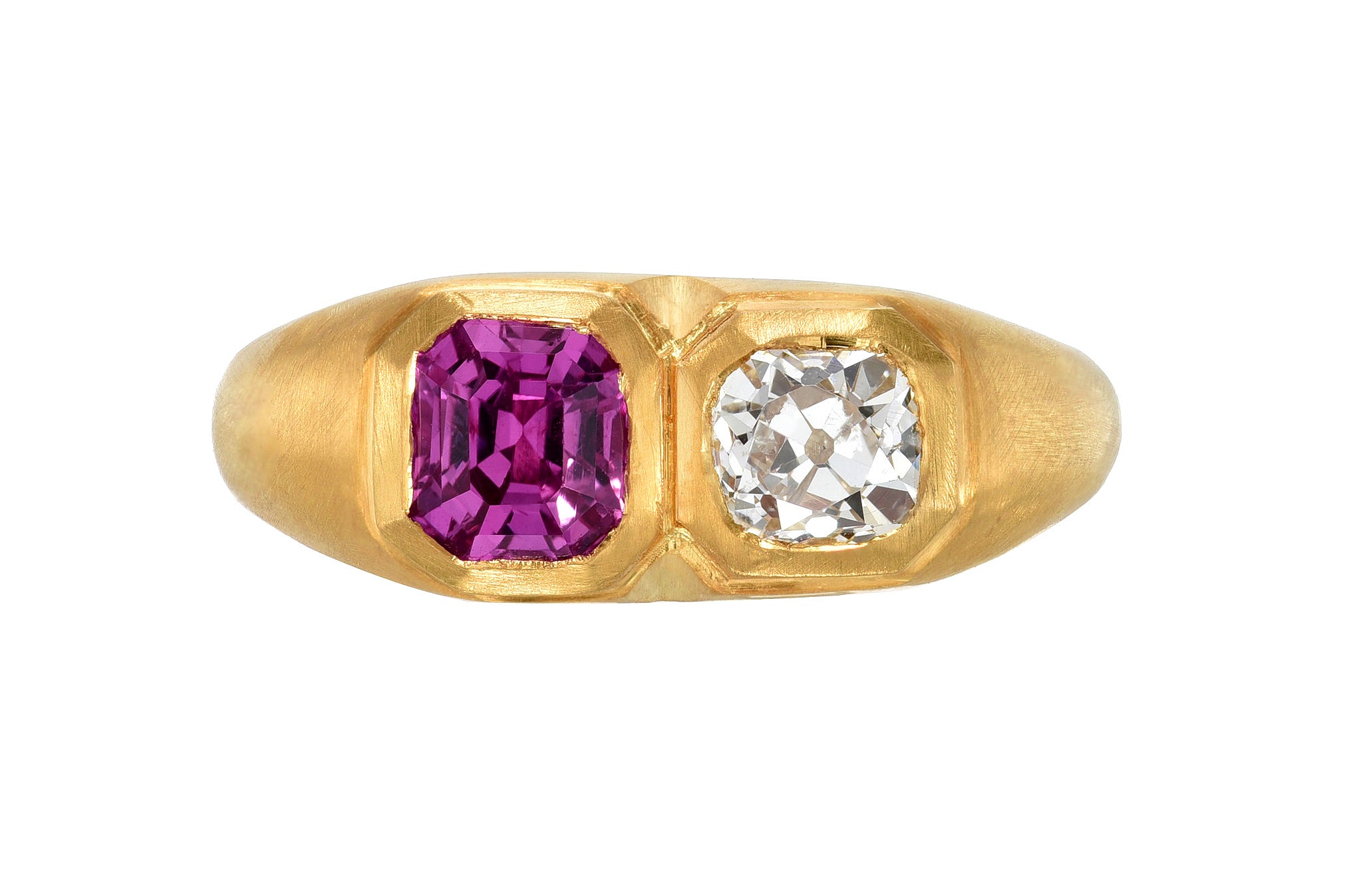 darius jewels double pink sapphire & diamond ring 18k yellow gold antique old mine cut diamond