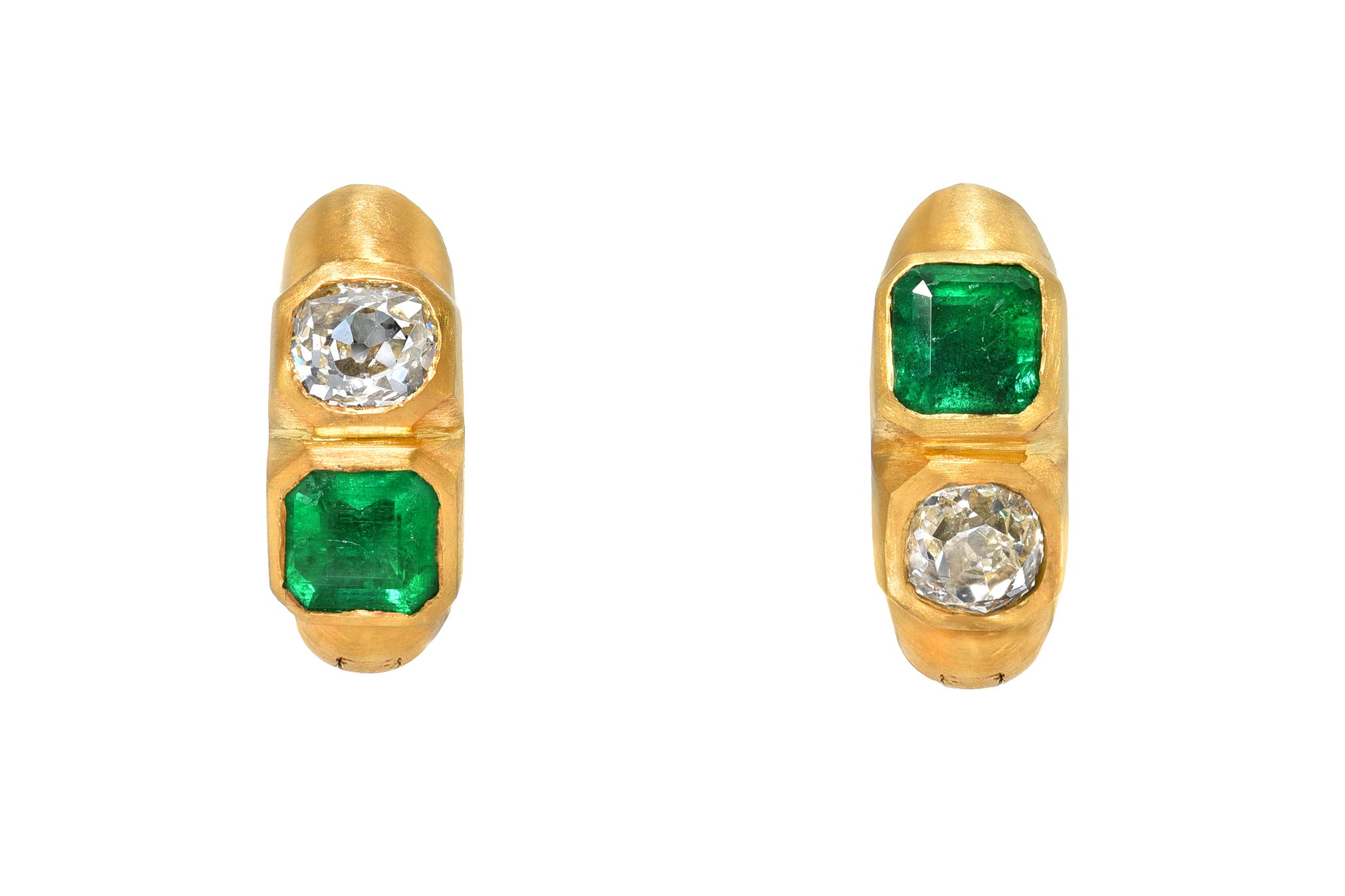 Darius jewels double emerald & Diamond signature hoops Darius Khonsary Colombian emeralds antique old mine cut diamonds