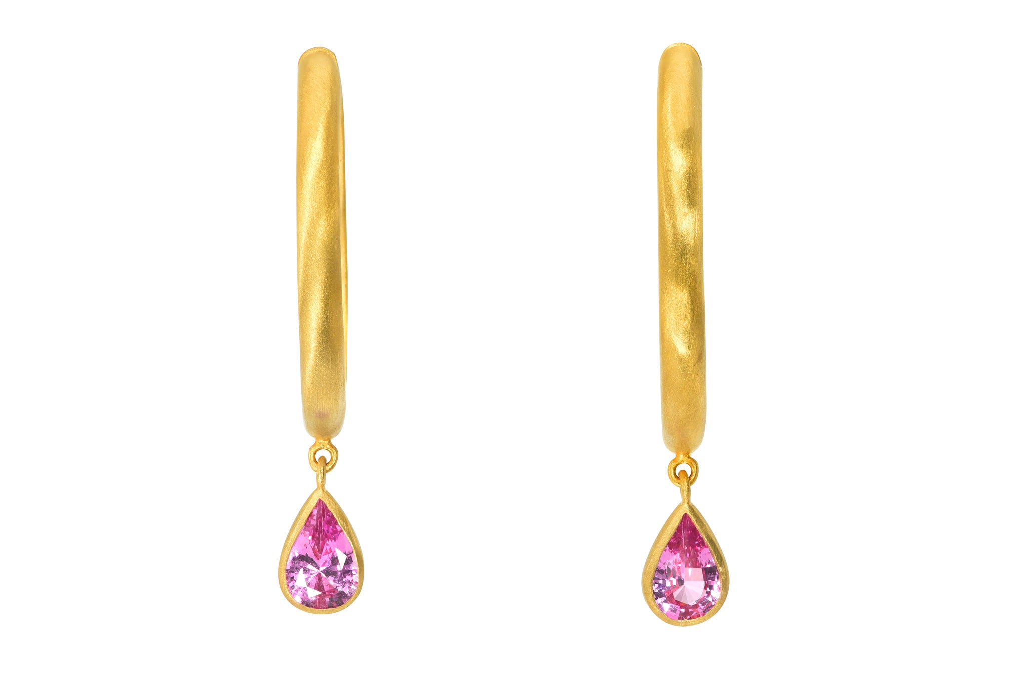 24MM PEAR PINK SAPPHIRE DROP SIGNATURE HOOPS