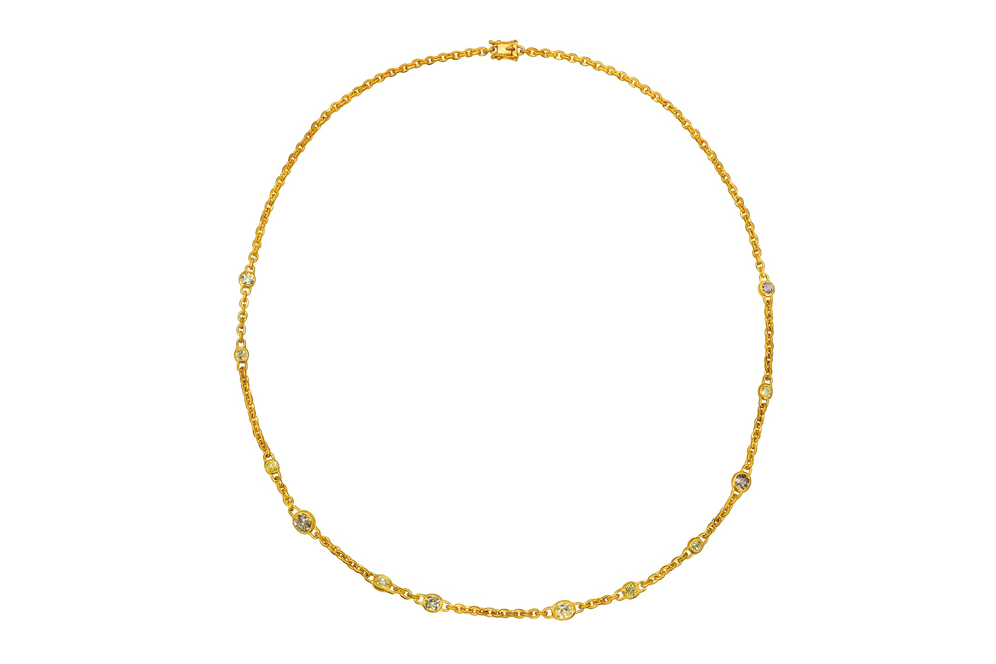 Darius Jewels One of a Kind Champagne Diamond Fairy Chain Necklace Bezel Set 18K Fairmined Yellow Gold