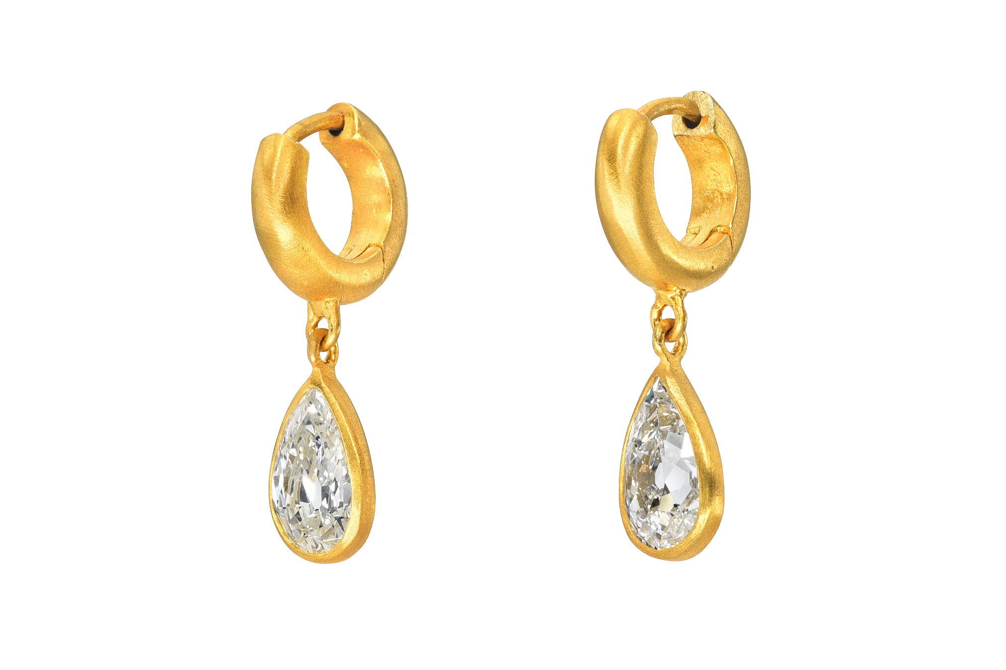 ONE OF A KIND ANTIQUE PEAR DIAMOND DROP SIGNATURE HOOPS