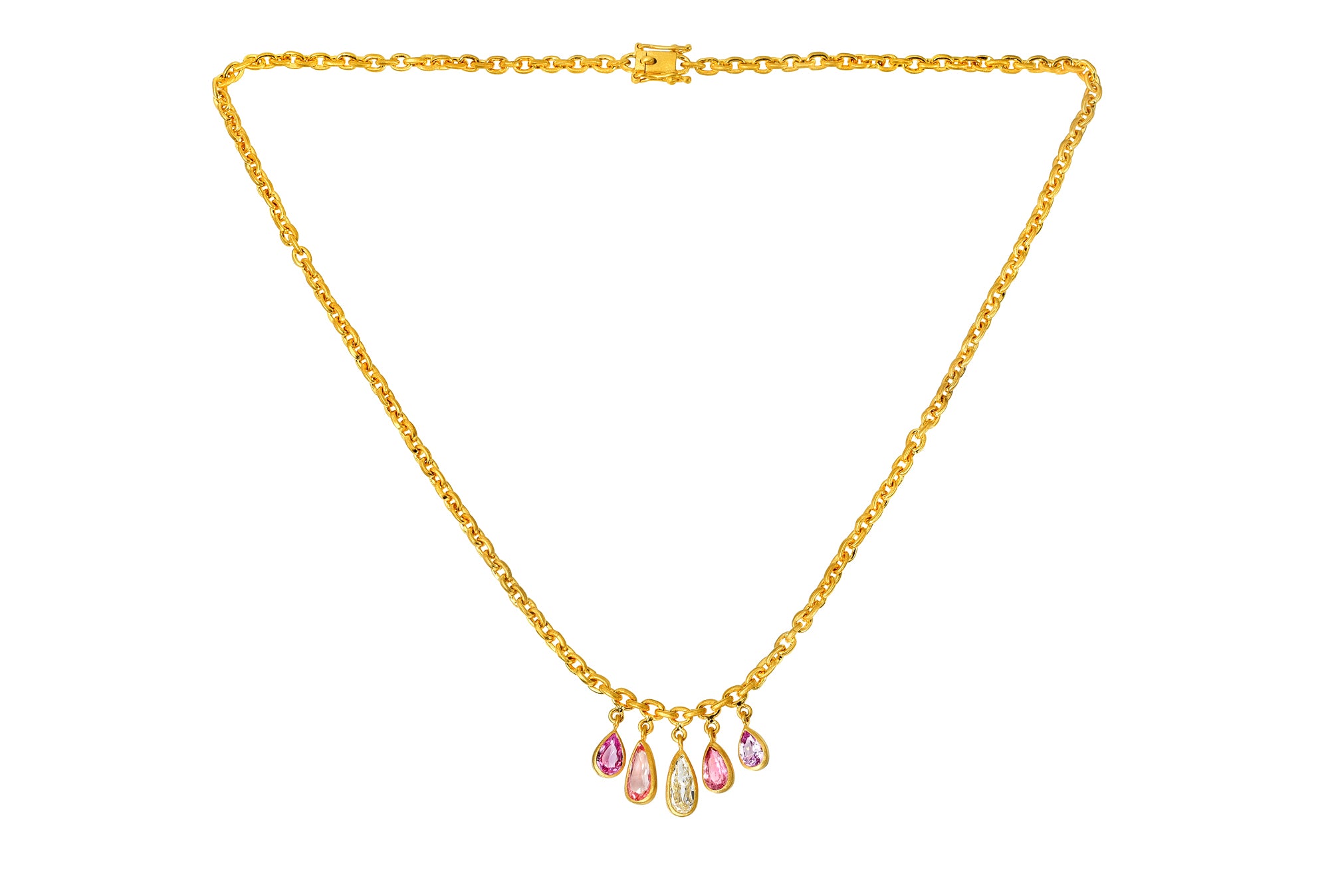 FIVE STONE PEAR PADPARADSCHA AND PINK SAPPHIRE & DIAMOND GEM DROP FAIRY CHAIN