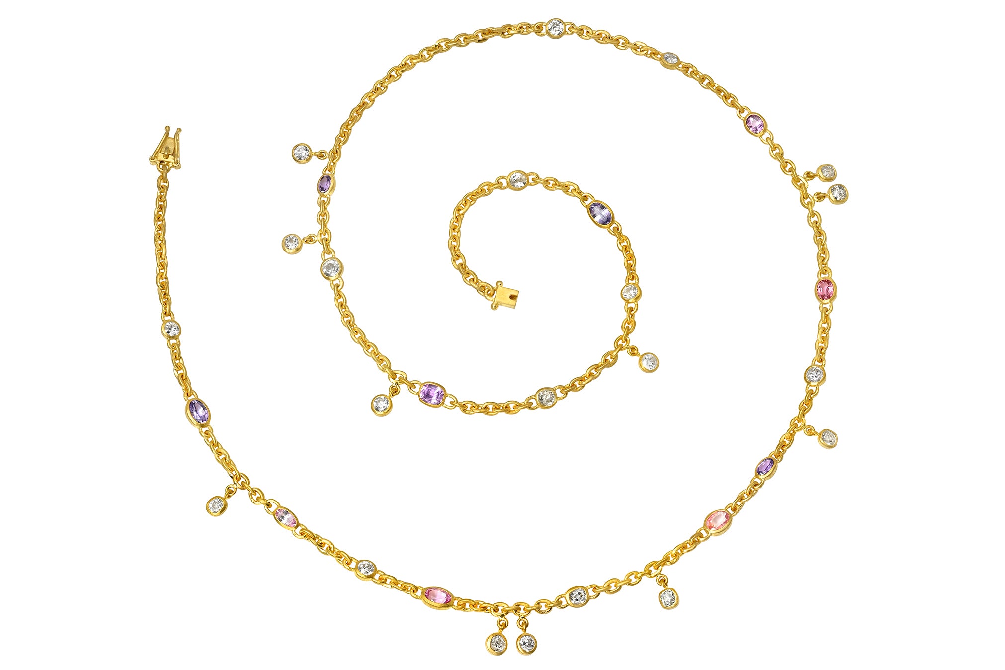 ONE OF A KIND 33" DIAMOND AND PURPLE & PADPARADSCHA SAPPHIRE FAIRY CHAIN NECKLACE