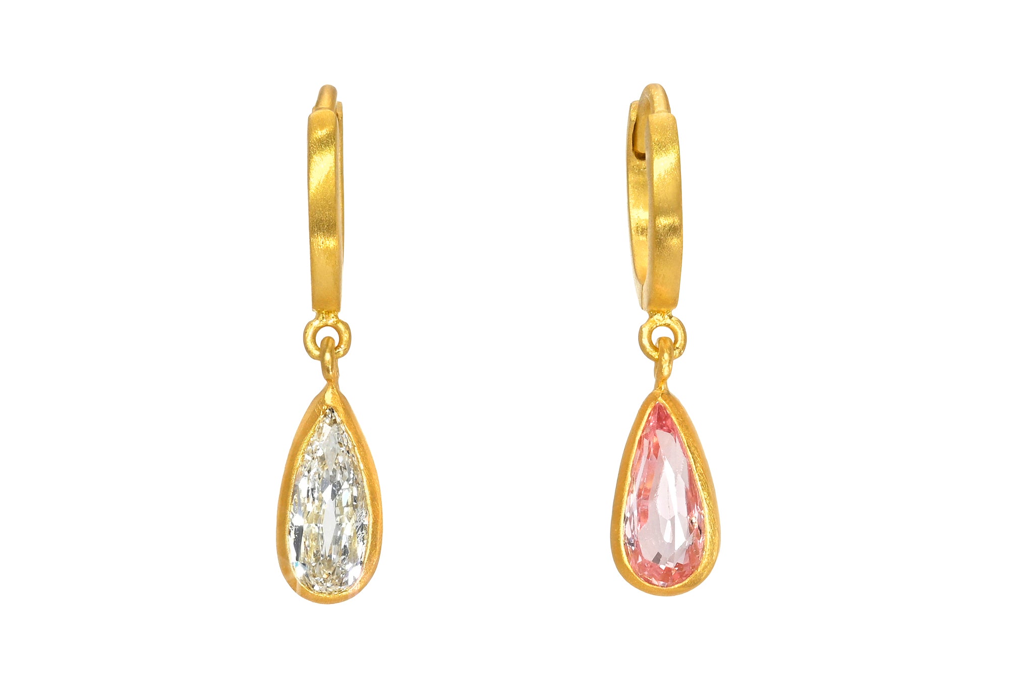 ONE OF A KIND 8MM MISMATCHED PADPARADSCHA SAPPHIRE & DIAMOND FAIRY HOOPS