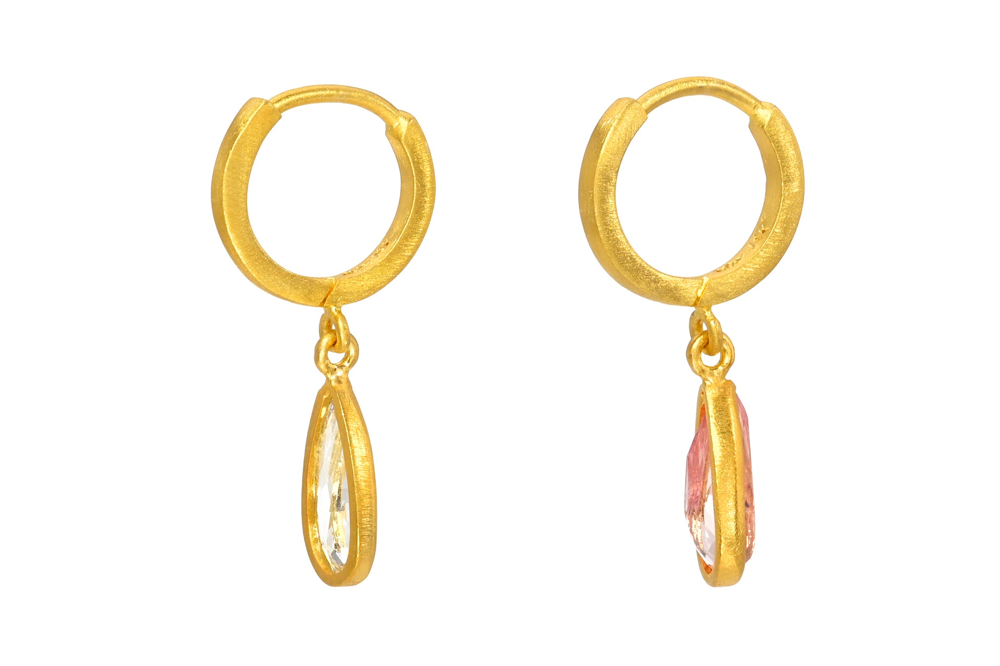 ONE OF A KIND 8MM MISMATCHED PADPARADSCHA SAPPHIRE & DIAMOND FAIRY HOOPS