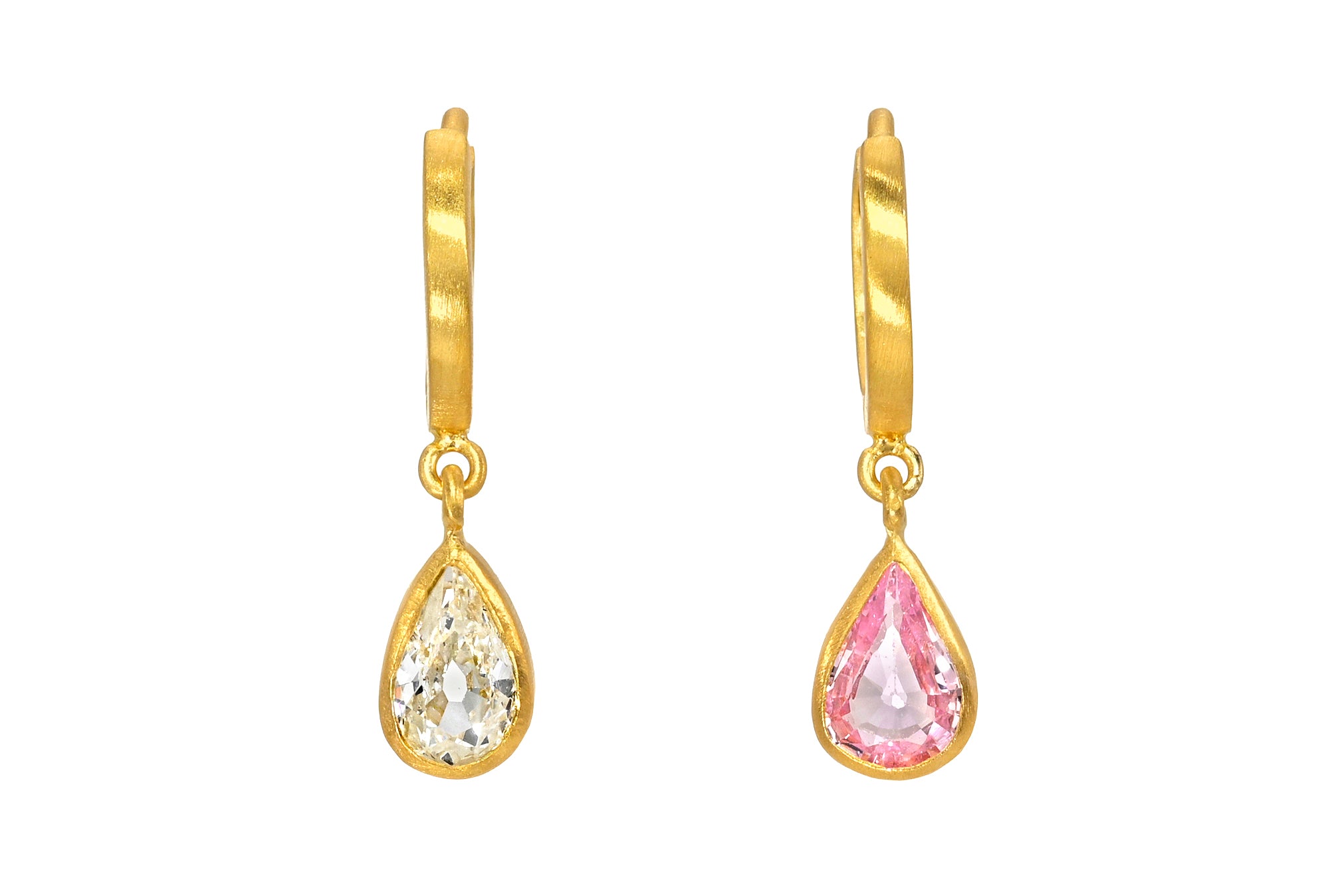 ONE OF A KIND 8MM MISMATCHED PADPARADSCHA SAPPHIRE & DIAMOND FAIRY HOOPS