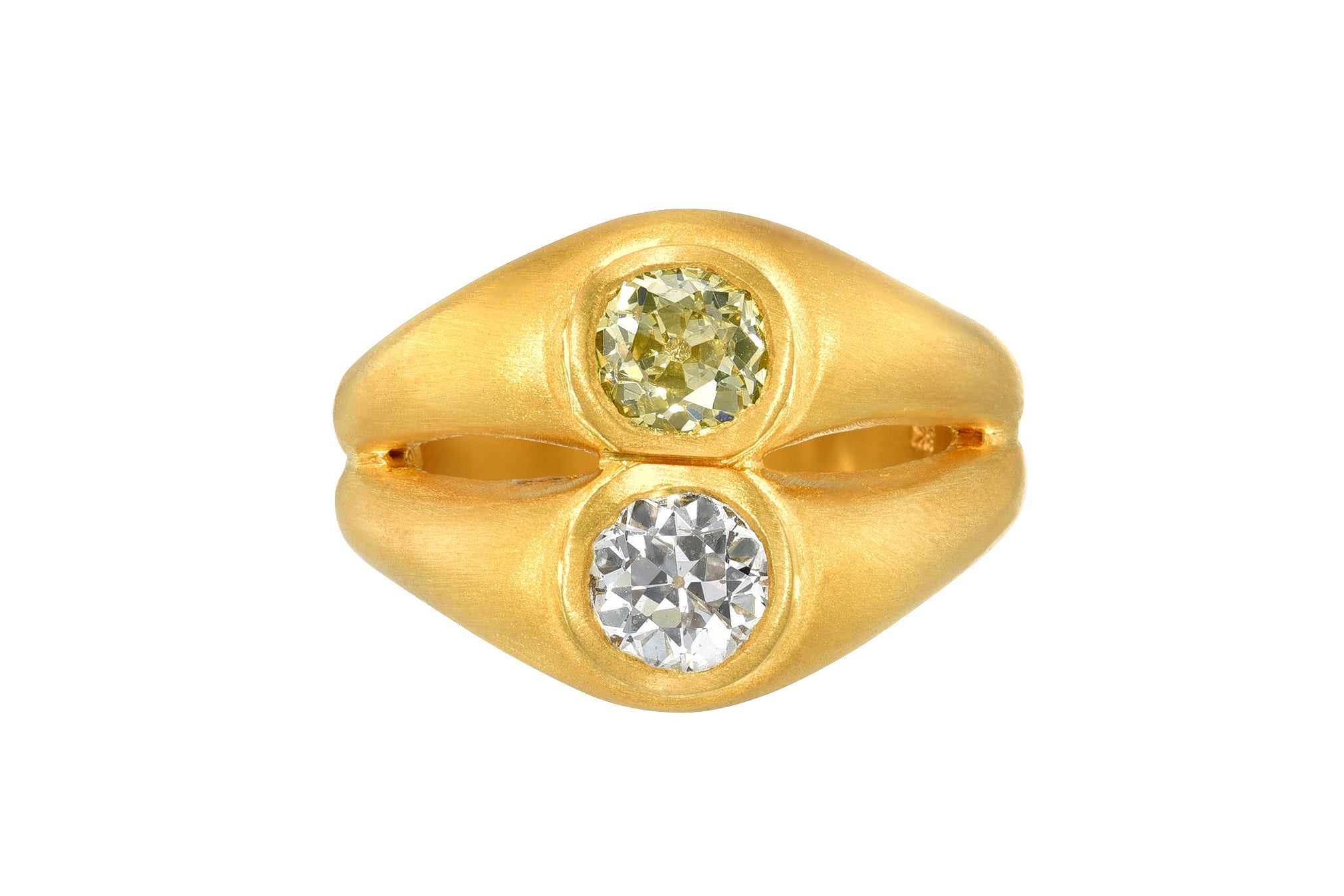 Darius Jewels Daryā Khonsary one of a kind double diamond stacked ring yellow fancy old mine cut yellow green diamond