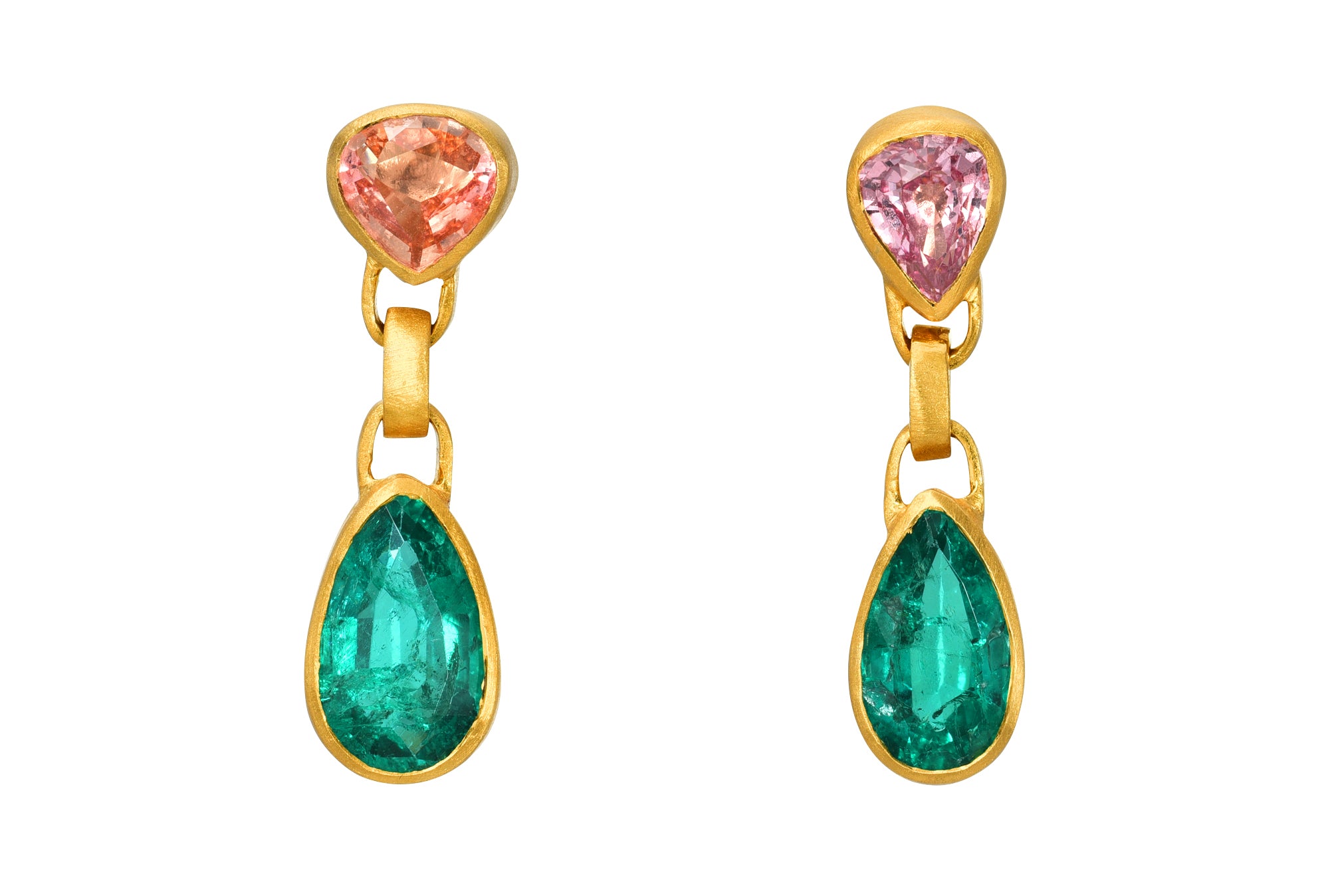 Darius Jewels Daryā Khonsary Arielle Chiara one of a kind gem drop earrings  padparadscha sapphire antique emeralds