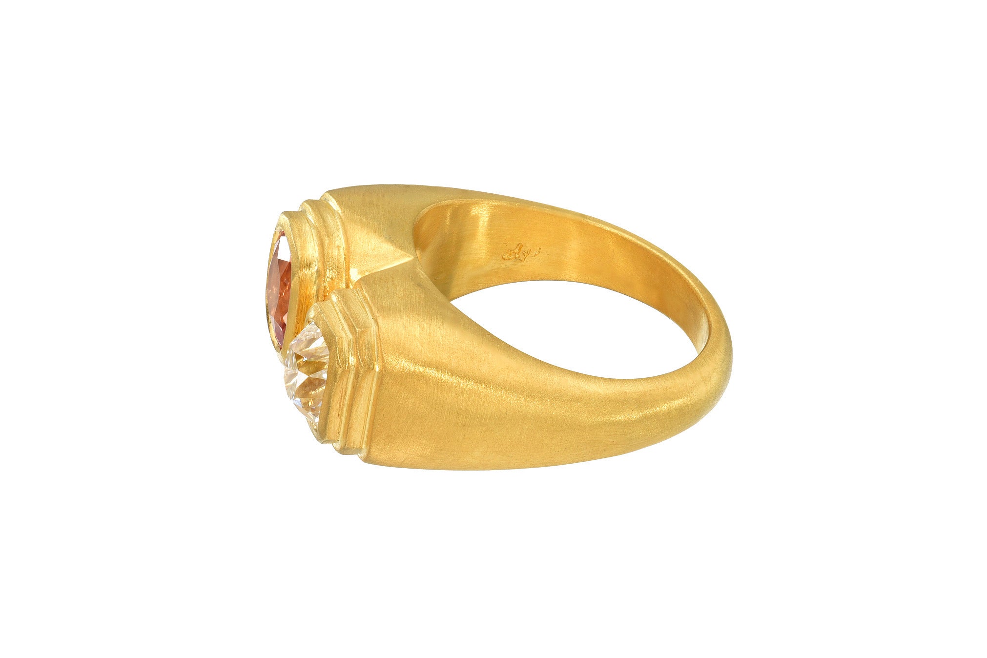 Darius Jewels darya Khonsary Arielle Chiara double padparadscha sapphire & Peruzzi cut antique diamond ziggurat ring 18k yellow gold Fairmined gold 