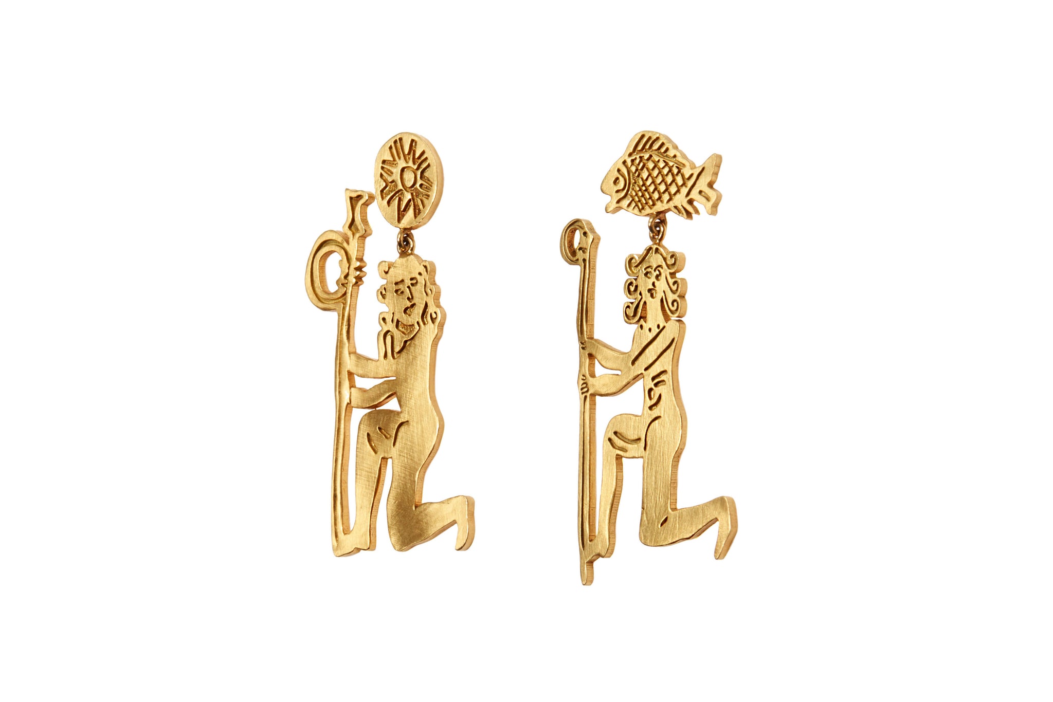 darius jewels hand made fine jewelry 18k yellow gold sisters ear pendants earrings Assyrian figures sun fish darius khonsary