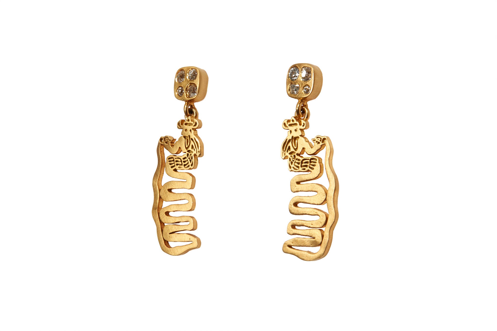 darius jewels hand made fine jewelry 18k yellow gold snake charmer earrings antique old mine cut diamonds darius khonsary